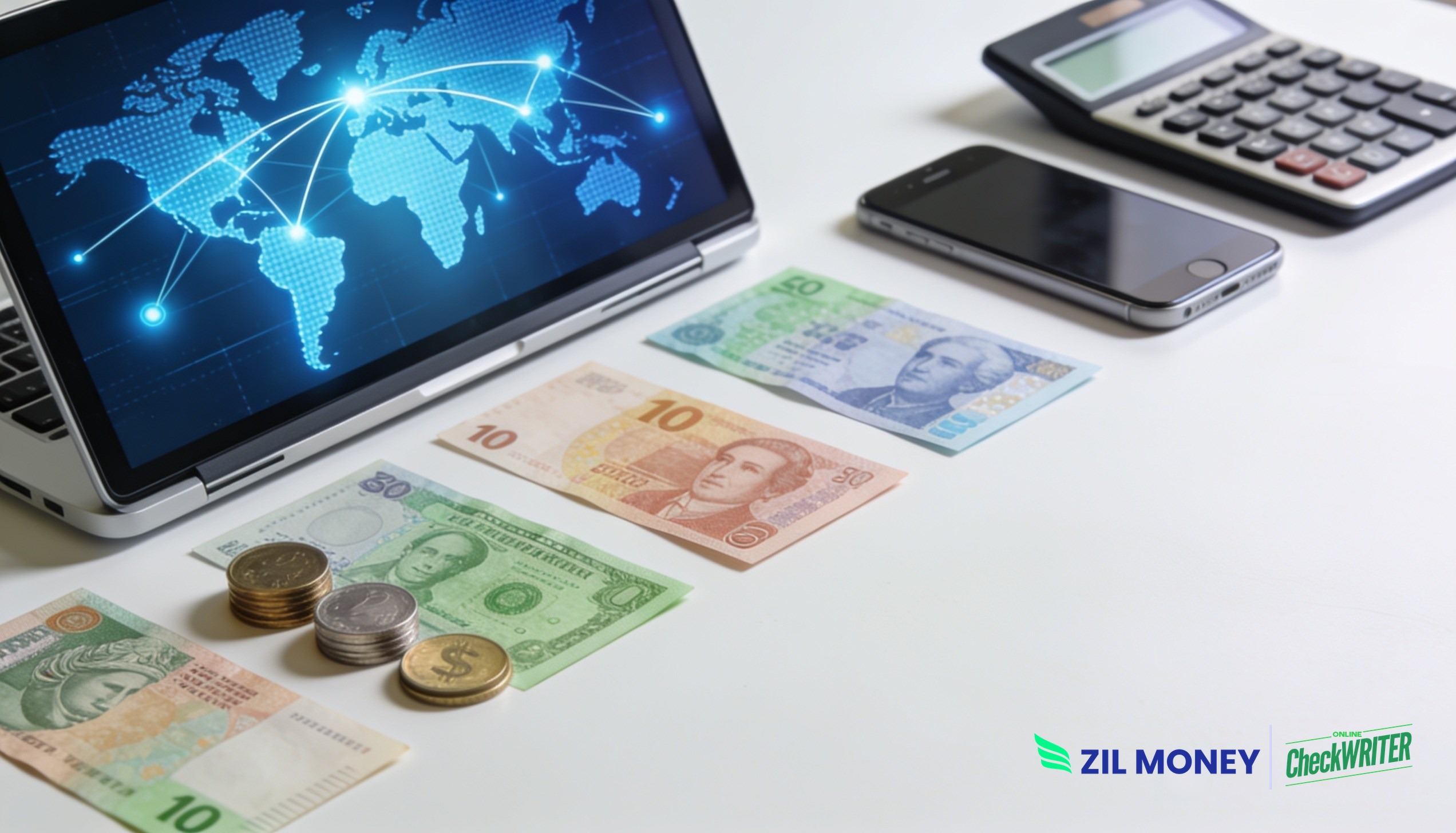 A laptop showing a global payment network with foreign currencies and a calculator on a desk