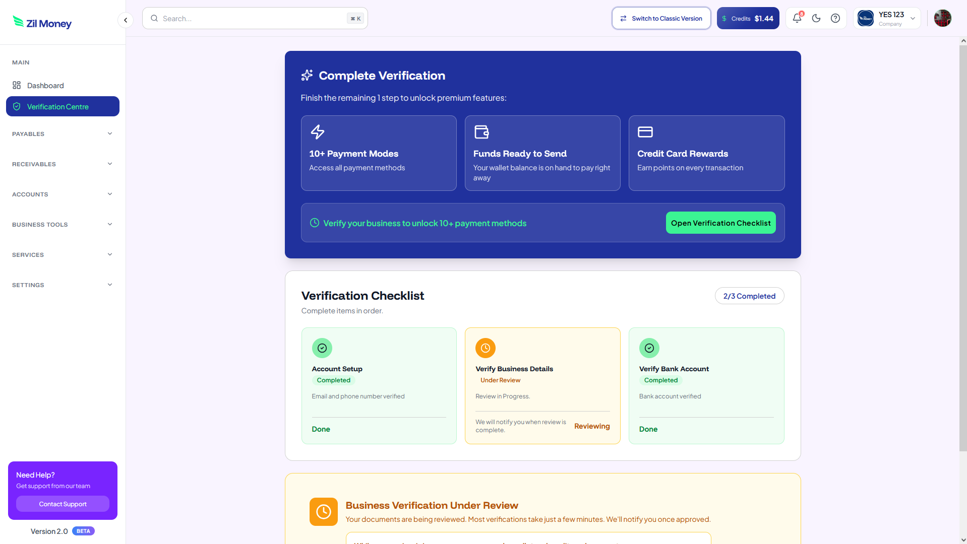 The redesigned Zil Money 2.0 dashboard, showing the new sidebar navigation, verification center, and payables menu