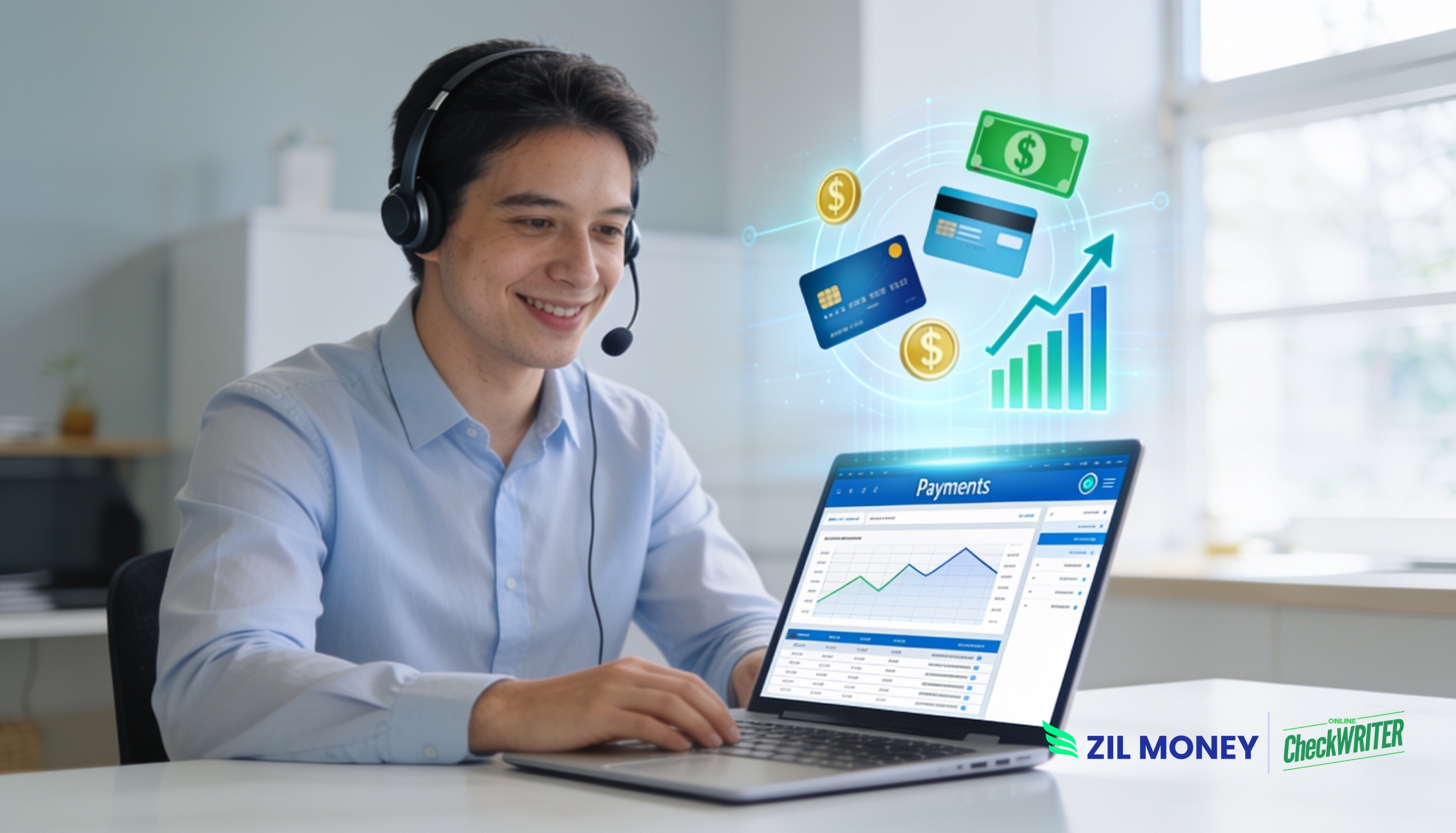 Male call center agent accepting call center payments online on a Zil Money payments dashboard with the Zil Money and Online Check Writer logo