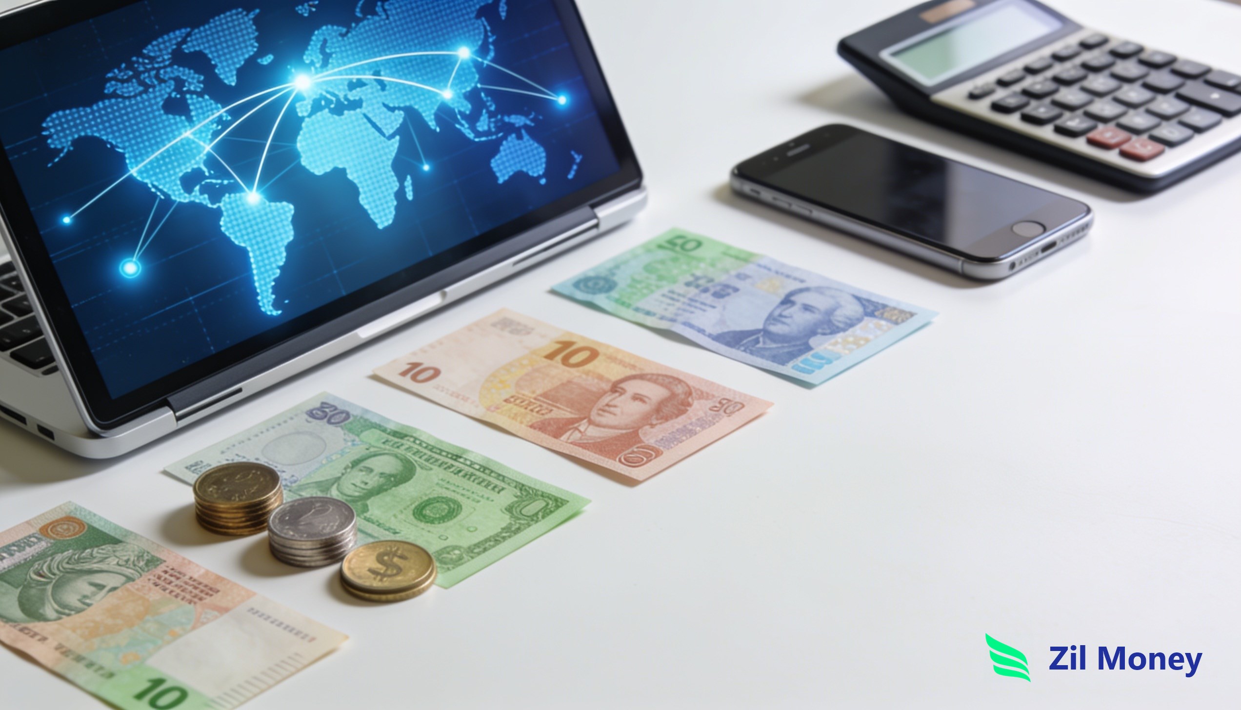 Send international payments for your business A laptop showing a global payment network with foreign currencies and a calculator on a desk