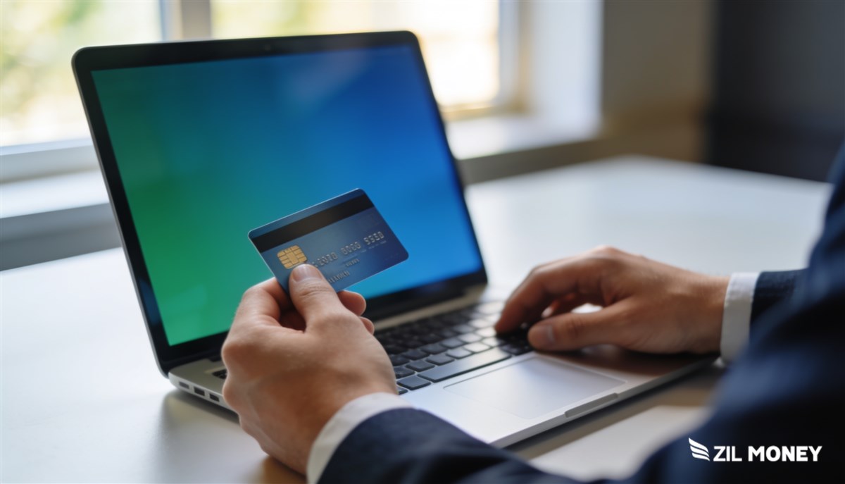 Pay Utility Bills With a Credit Card Business professional paying utility bills with a credit card on a laptop, Zil Money logo in white