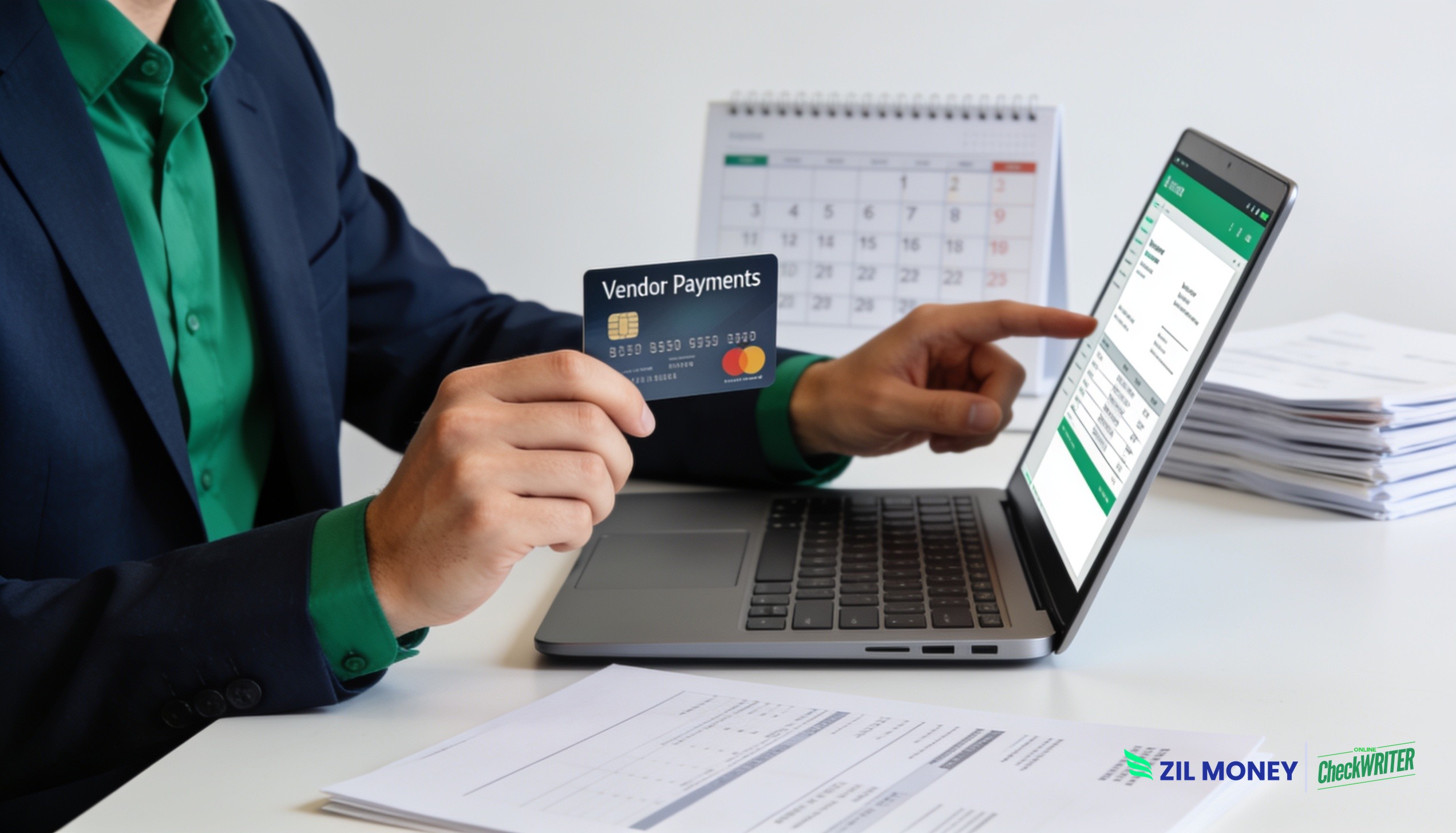 Business owner paying vendors with a credit card while reviewing a payment calendar and invoices