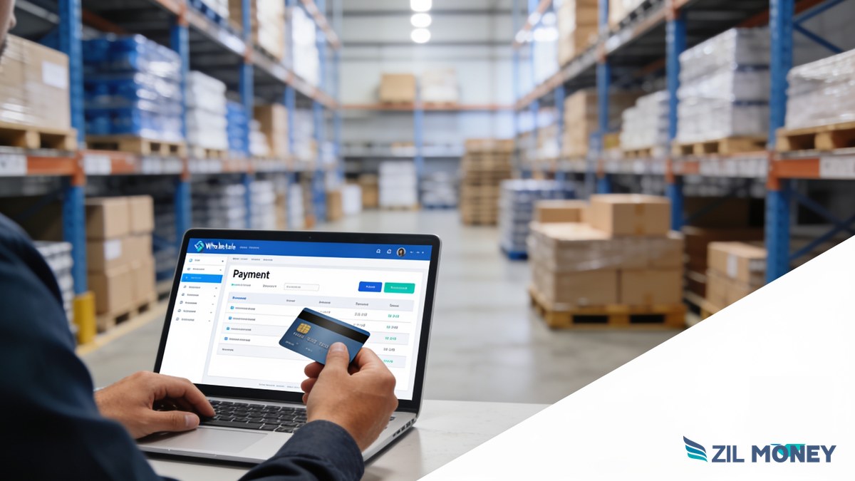 Wholesale warehouse with a buyer paying a supplier on a laptop dashboard, showing how to pay wholesale suppliers with a credit card using Zil Money