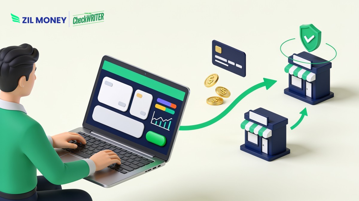 Illustration of a business owner using Zil Money to pay vendors online from a laptop