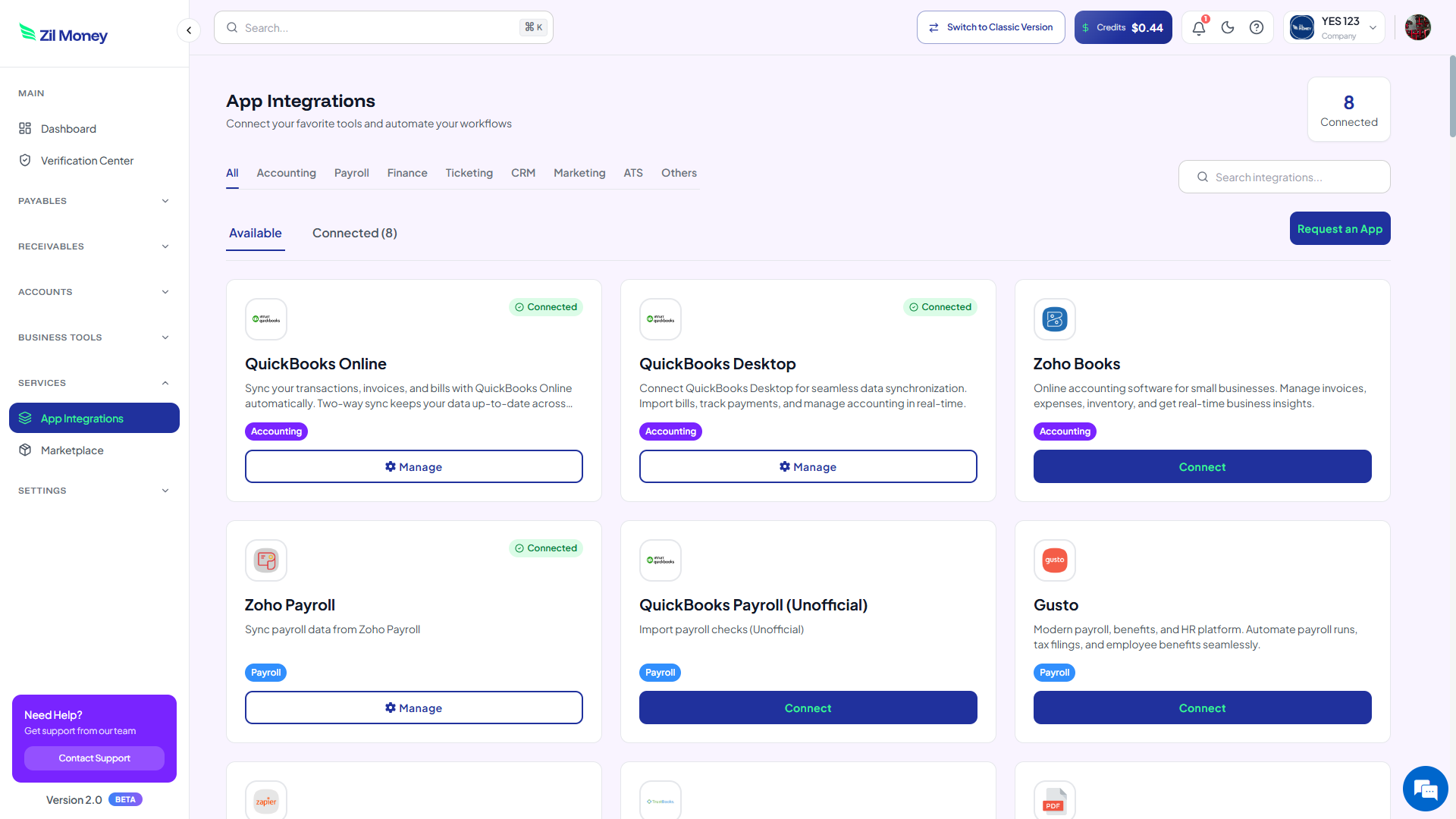 Zil Money App Integrations dashboard