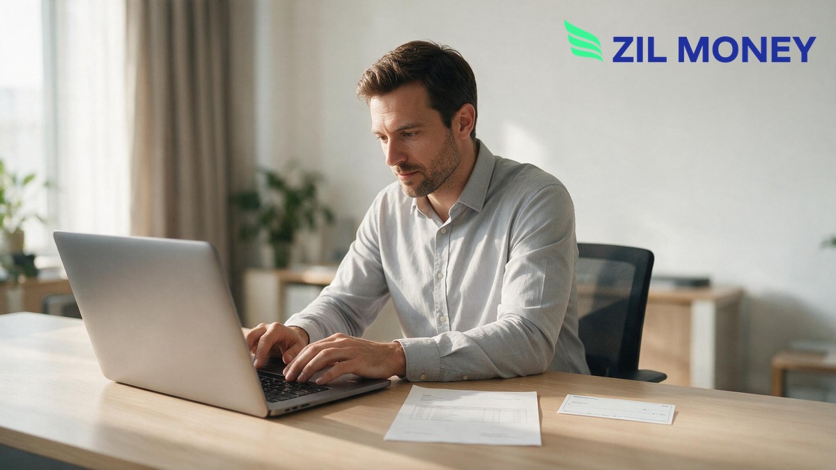 Bill and Invoice Check from PDF Featured Image Business professional reviewing an invoice and check while working on a laptop, Zil Money logo