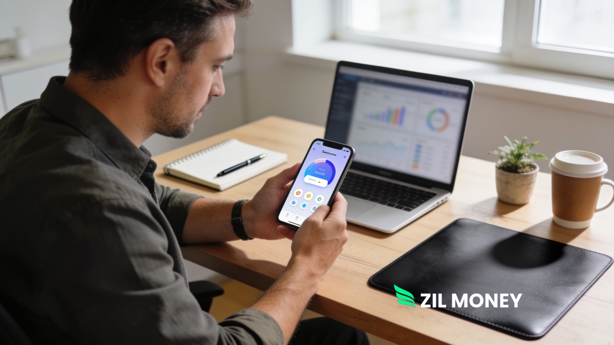 Small business owner checking a business wallet account balance on a phone next to a laptop, with the Zil Money logo on the desk