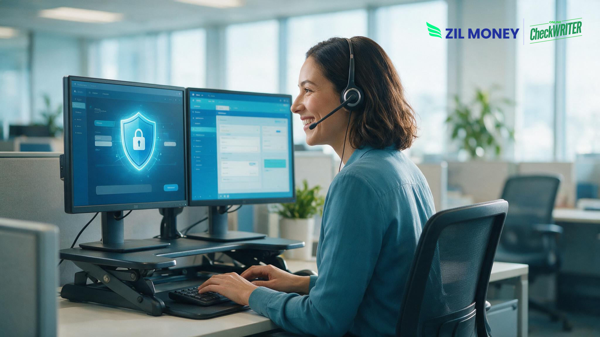Contact center agent taking a secure call center payment by phone with a headset and dual monitors