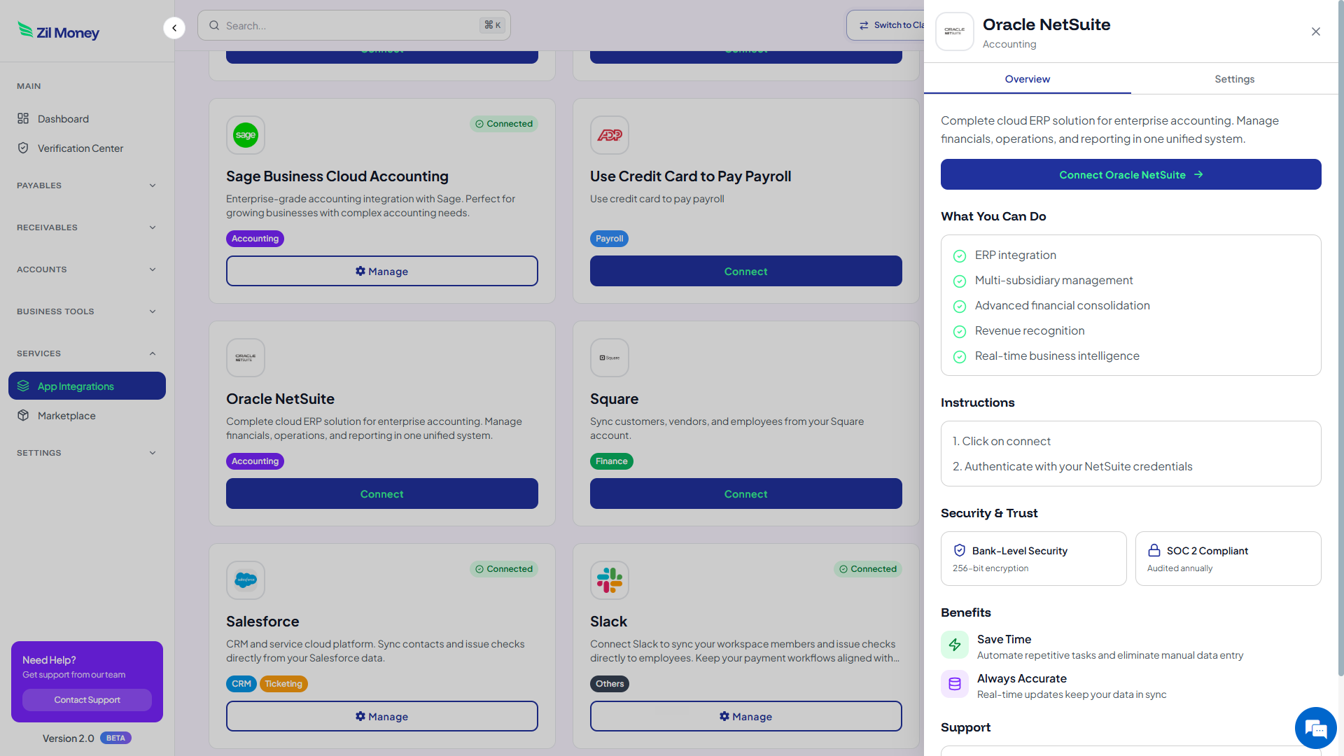 Oracle NetSuite connection panel in Zil Money