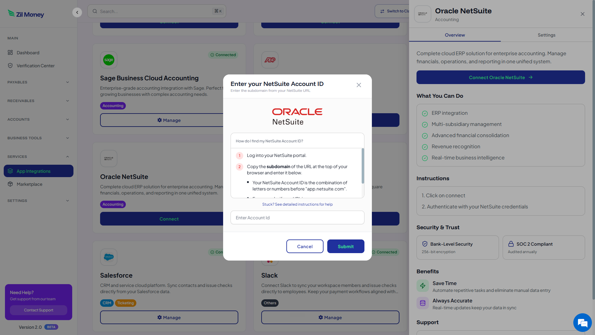NetSuite Account ID entry screen in Zil Money