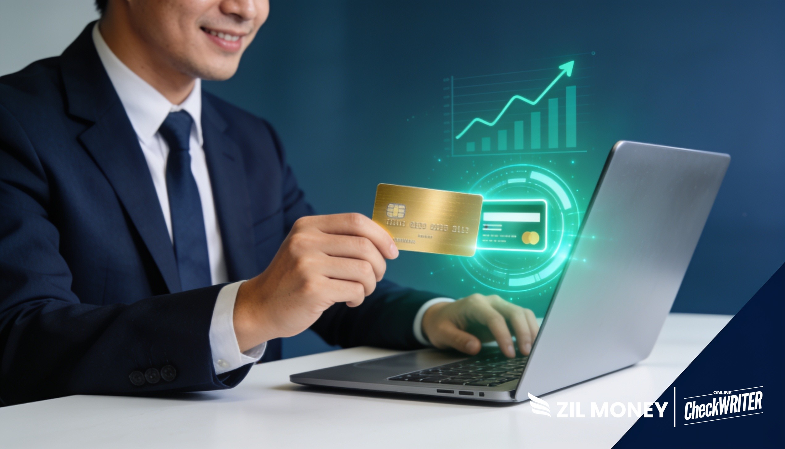 Business owner using a laptop to pay business bills with an American Express card on the Zil Money dashboard