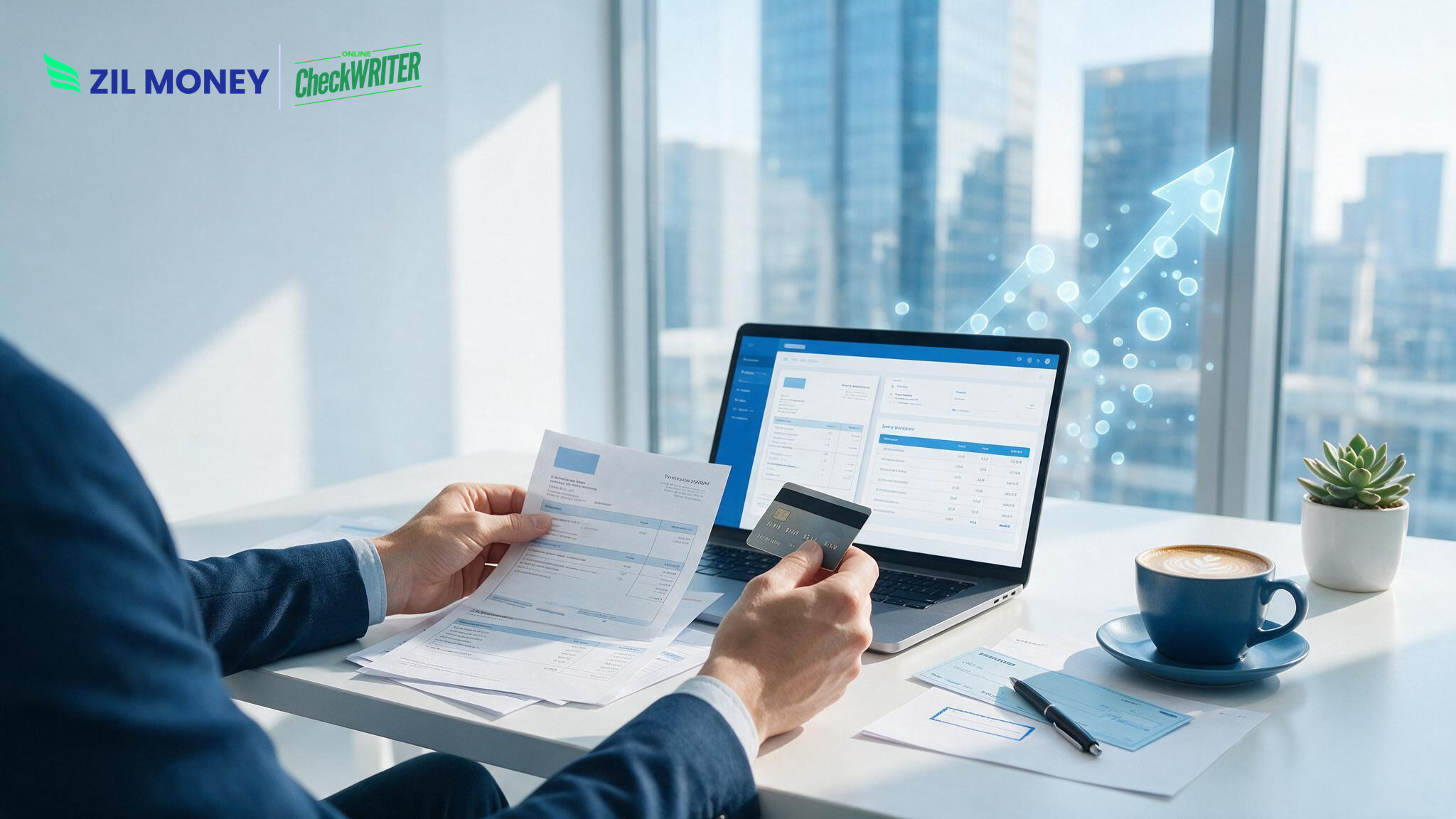 Business owner using a credit card and laptop to pay vendors with credit card via Zil Money
