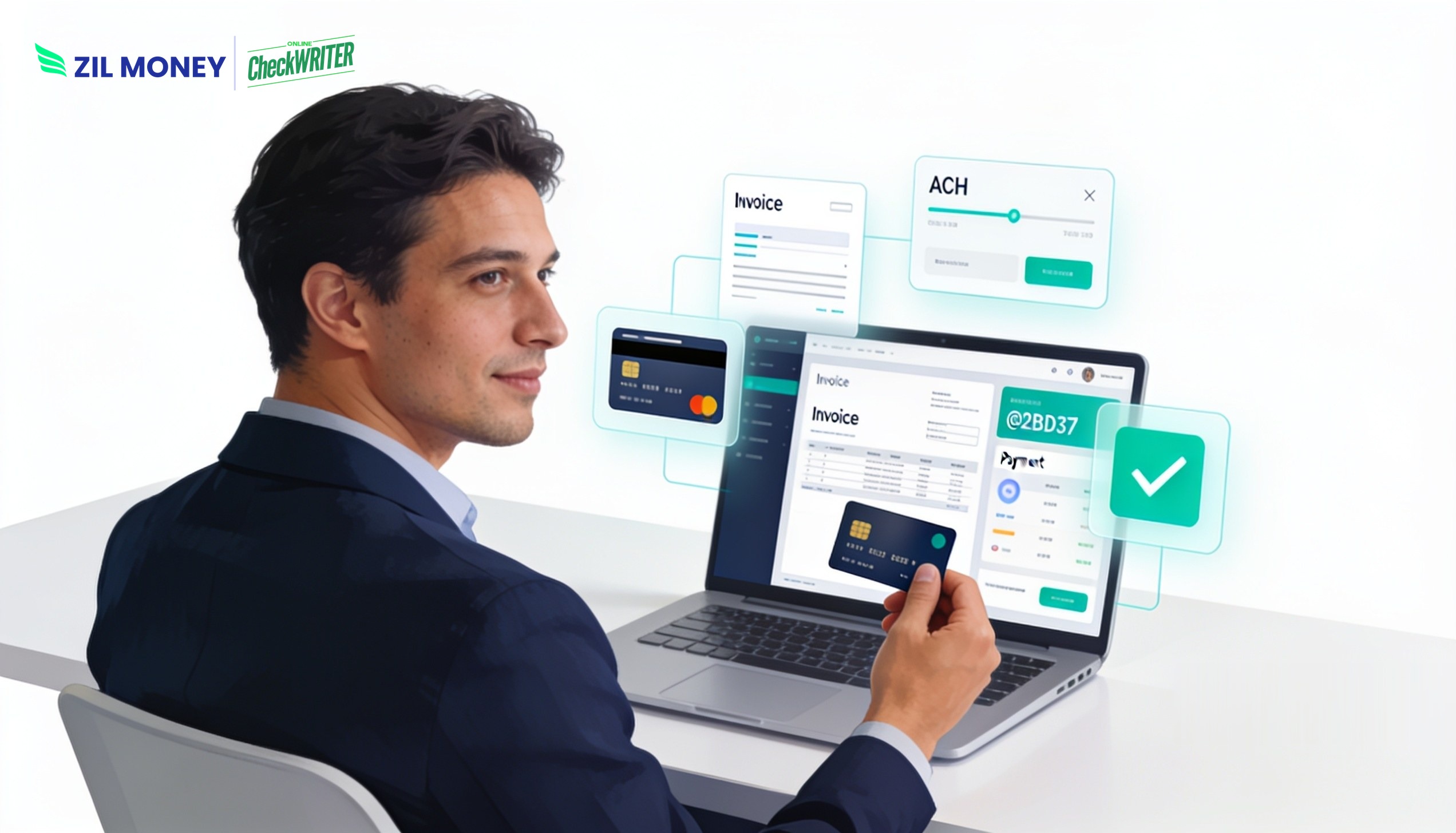 Pay vendors with a business credit card on the Zil Money dashboard Finance manager using a laptop to pay vendors with a business credit card on the Zil Money dashboard