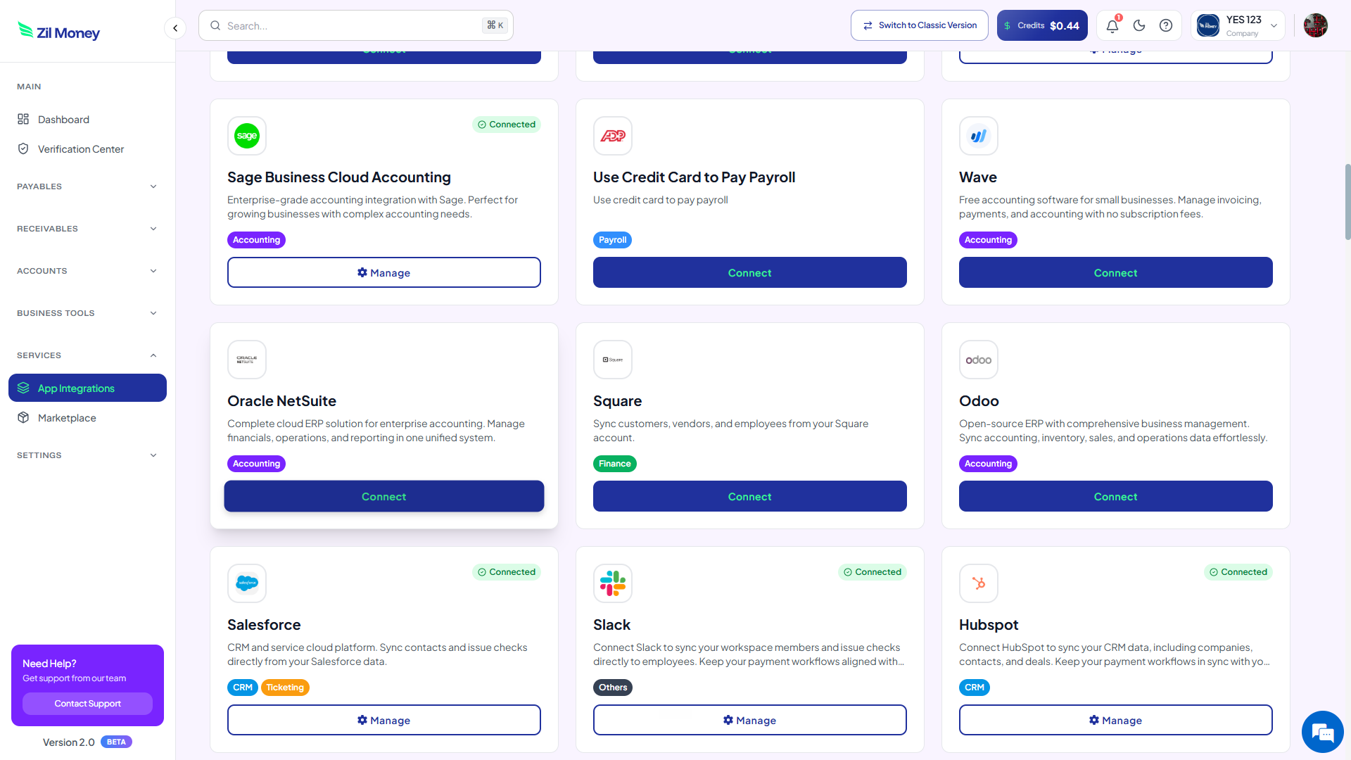 Oracle NetSuite card in Zil Money App Integrations
