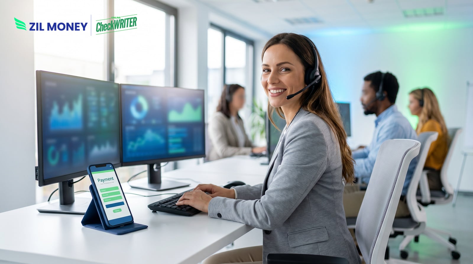 Accepting Call Center Payments Call center agent accepting call center payments through a hosted payment link