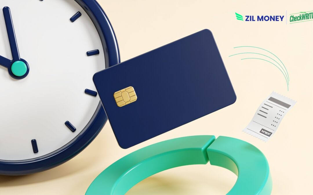 American Express payment processing time shown by a card, a clock and a progress arc