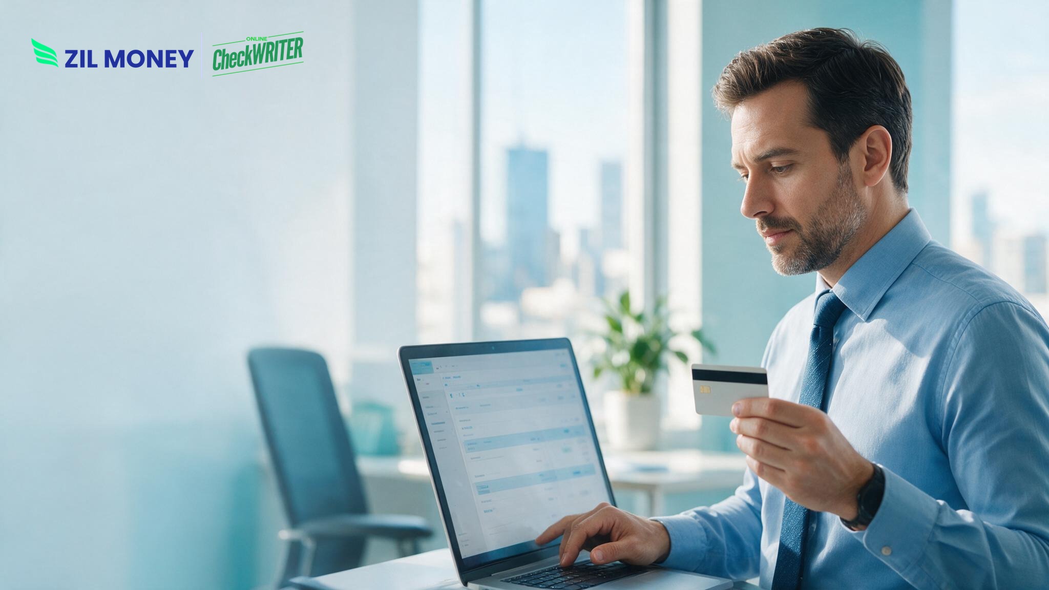 Finance manager using an app for credit card payments on a laptop to pay vendors