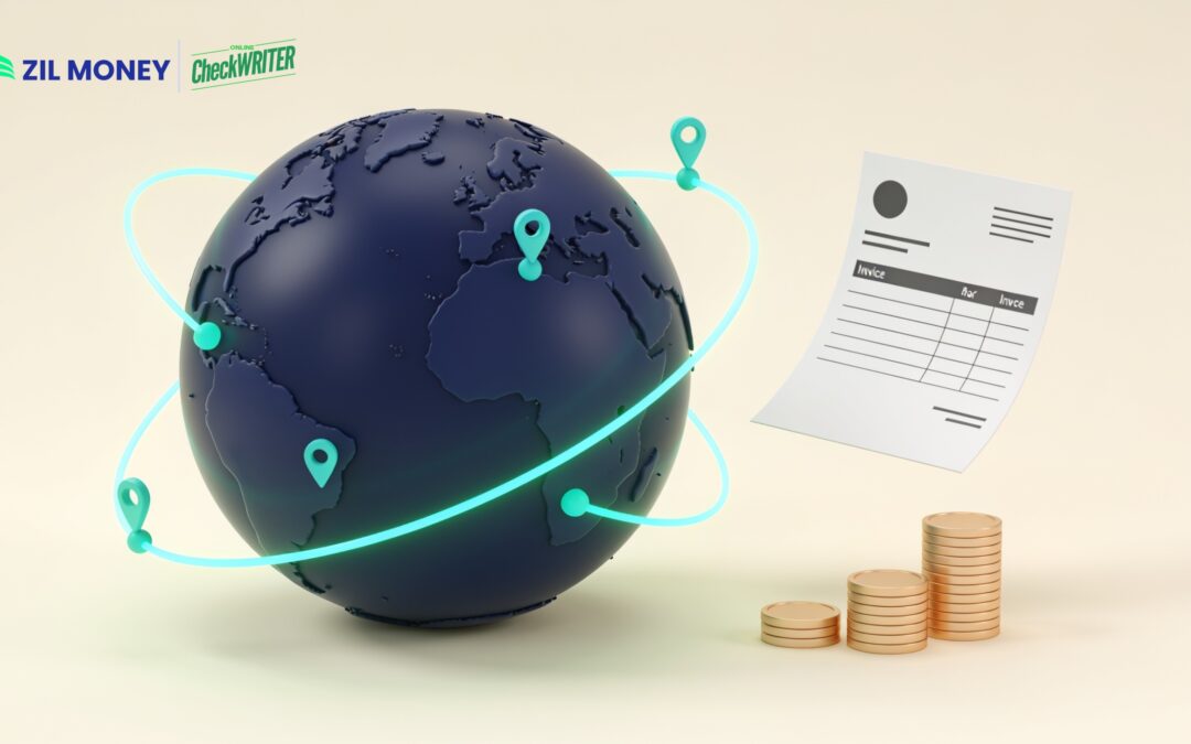 International bill payments moving across a globe to overseas suppliers with an invoice and coins