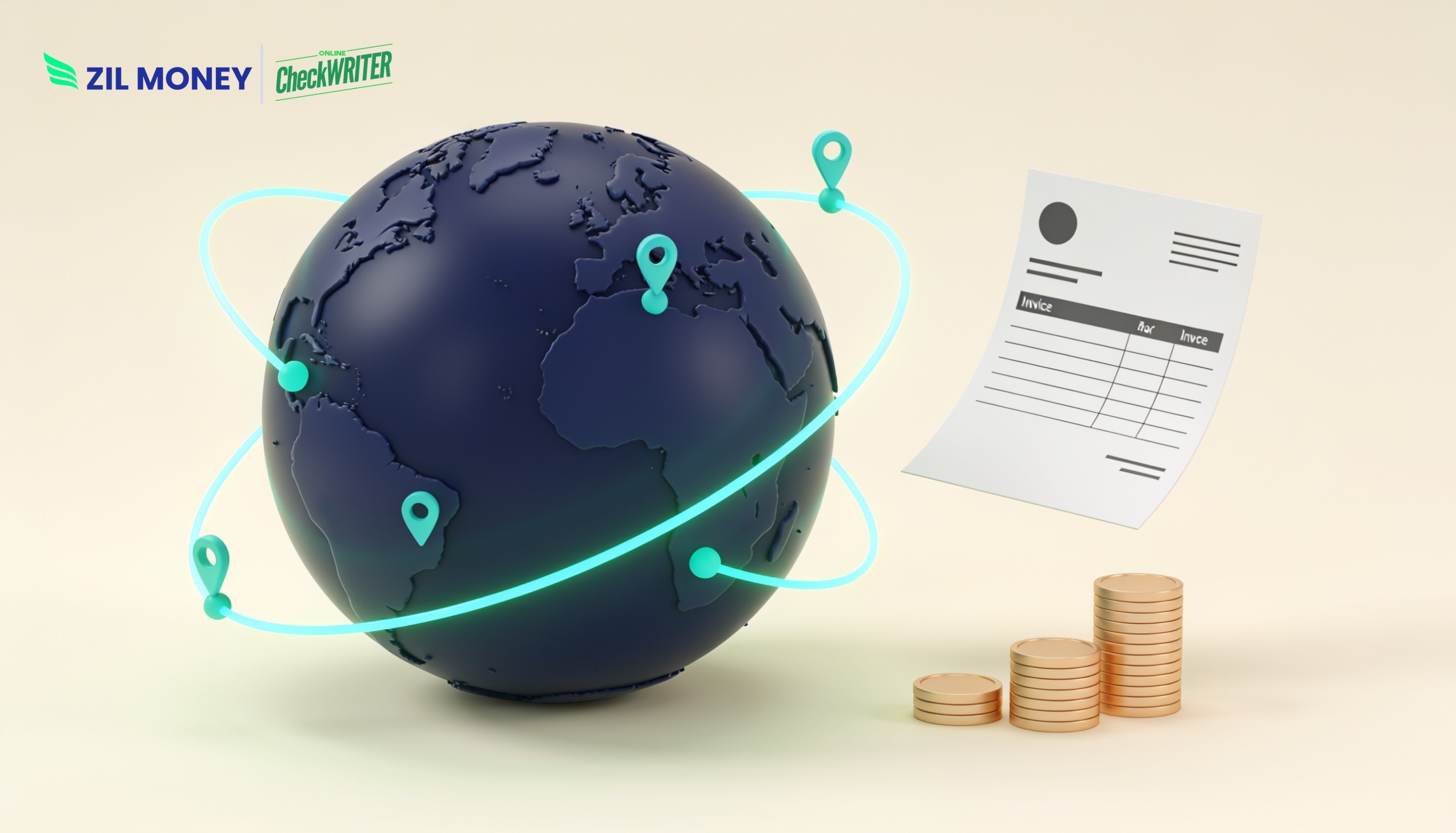 International Bill Payments – Zil Money International bill payments moving across a globe to overseas suppliers with an invoice and coins