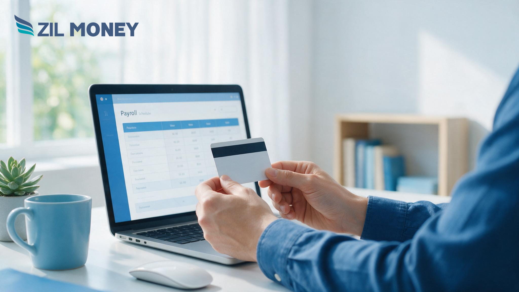 Payroll Credit Card featured image with Zil Money logo Business owner using a payroll credit card to fund a pay run on a laptop