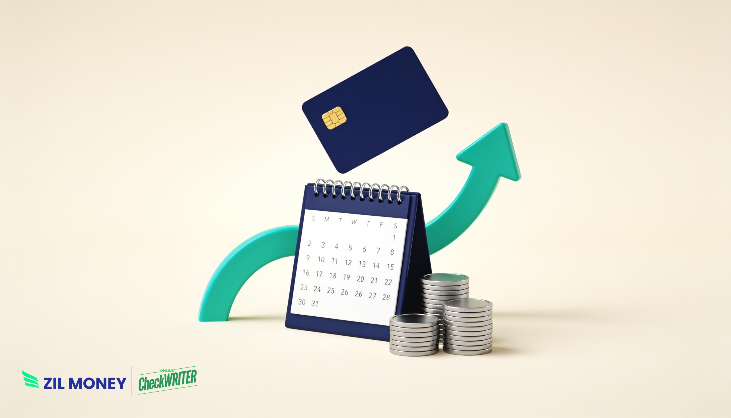 Payroll credit card funding a payroll run beside a calendar, coins and a rising cash flow arrow