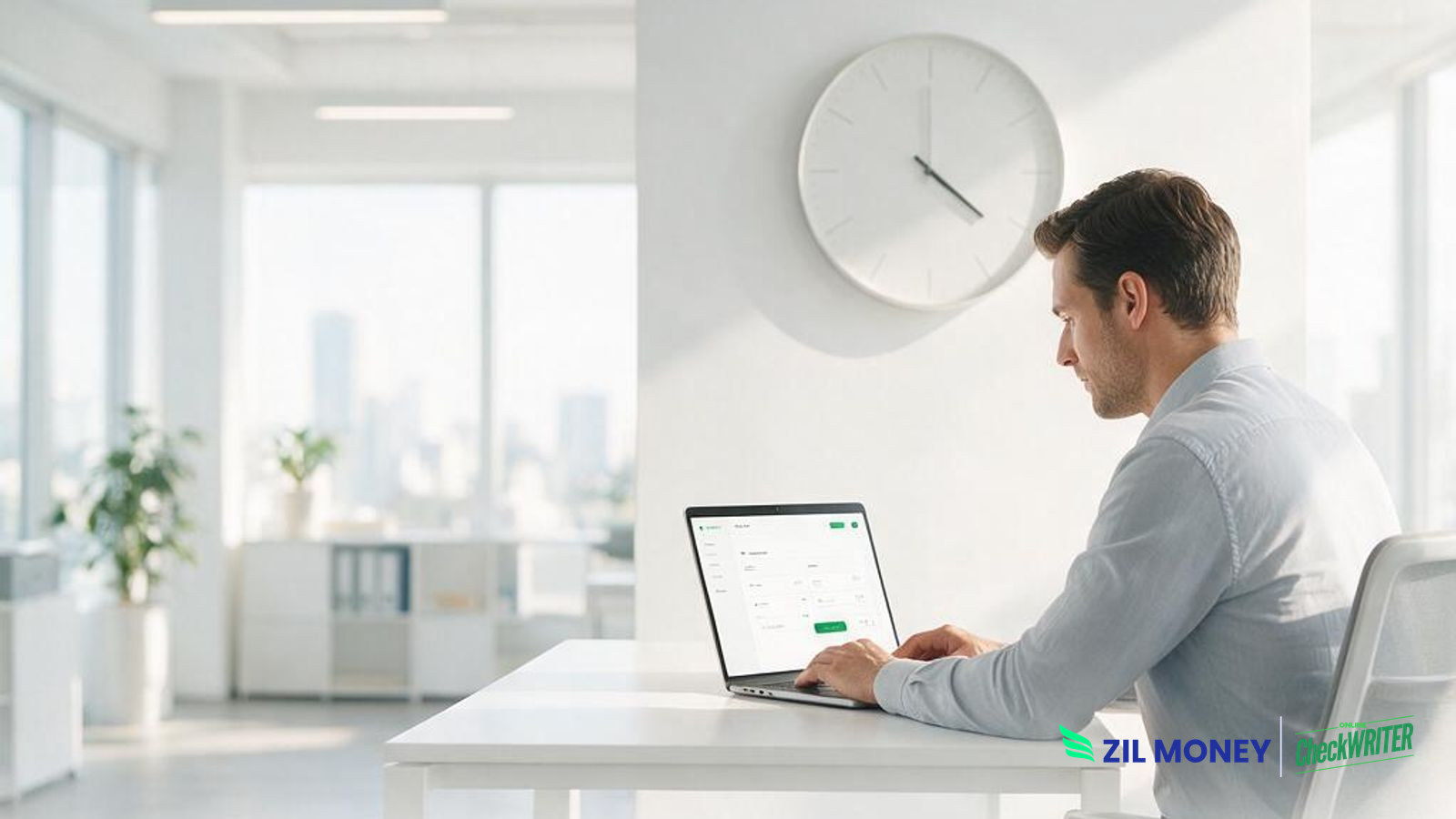 Same Day Wire Transfer – Zil Money A business finance manager sending a same day wire transfer on the Zil Money dashboard before the bank cutoff, with a wall clock showing the deadline