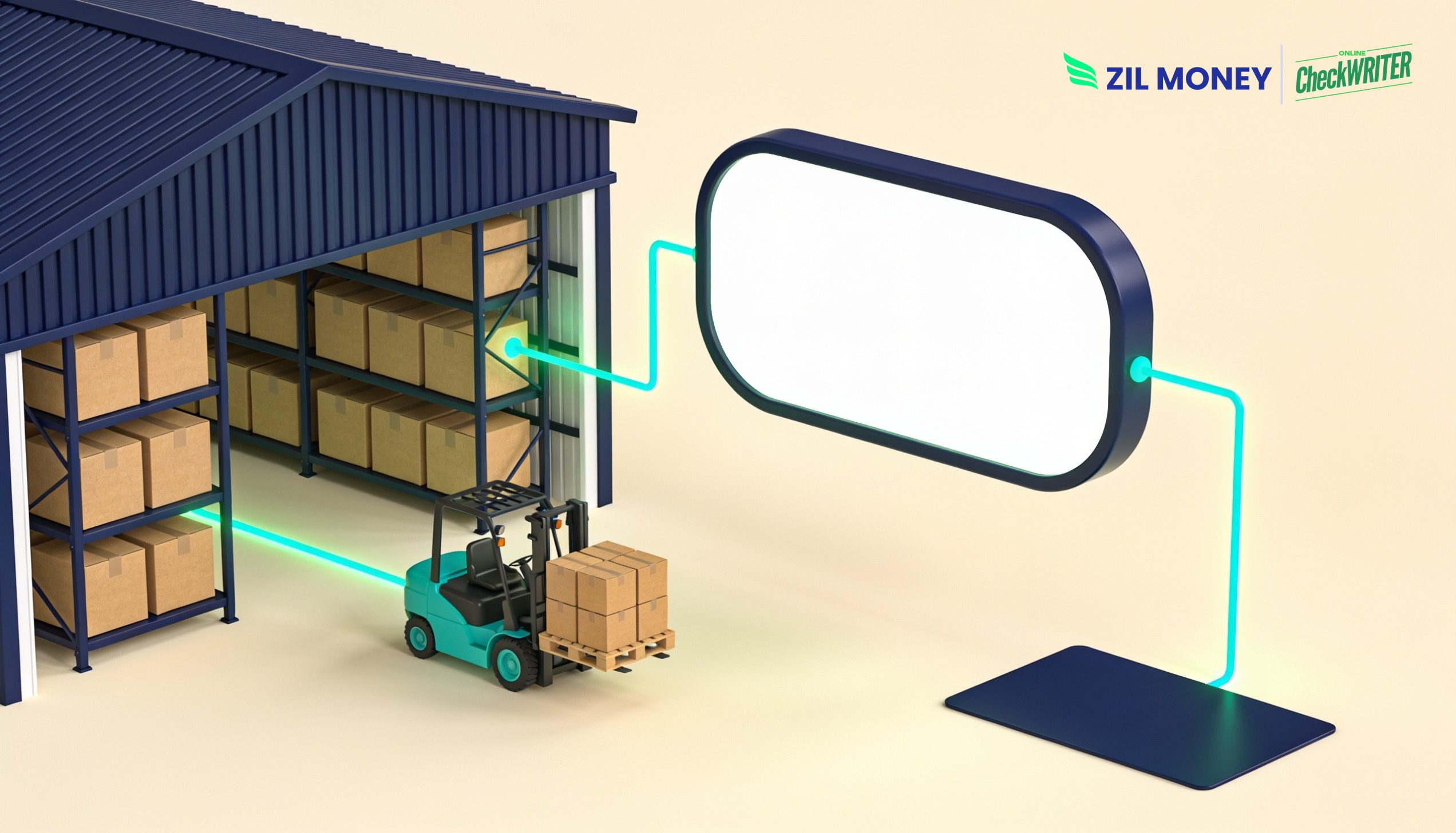 Wholesale Payment Processing – Zil Money Wholesale payment processing linking a warehouse and forklift to a payment dashboard and card