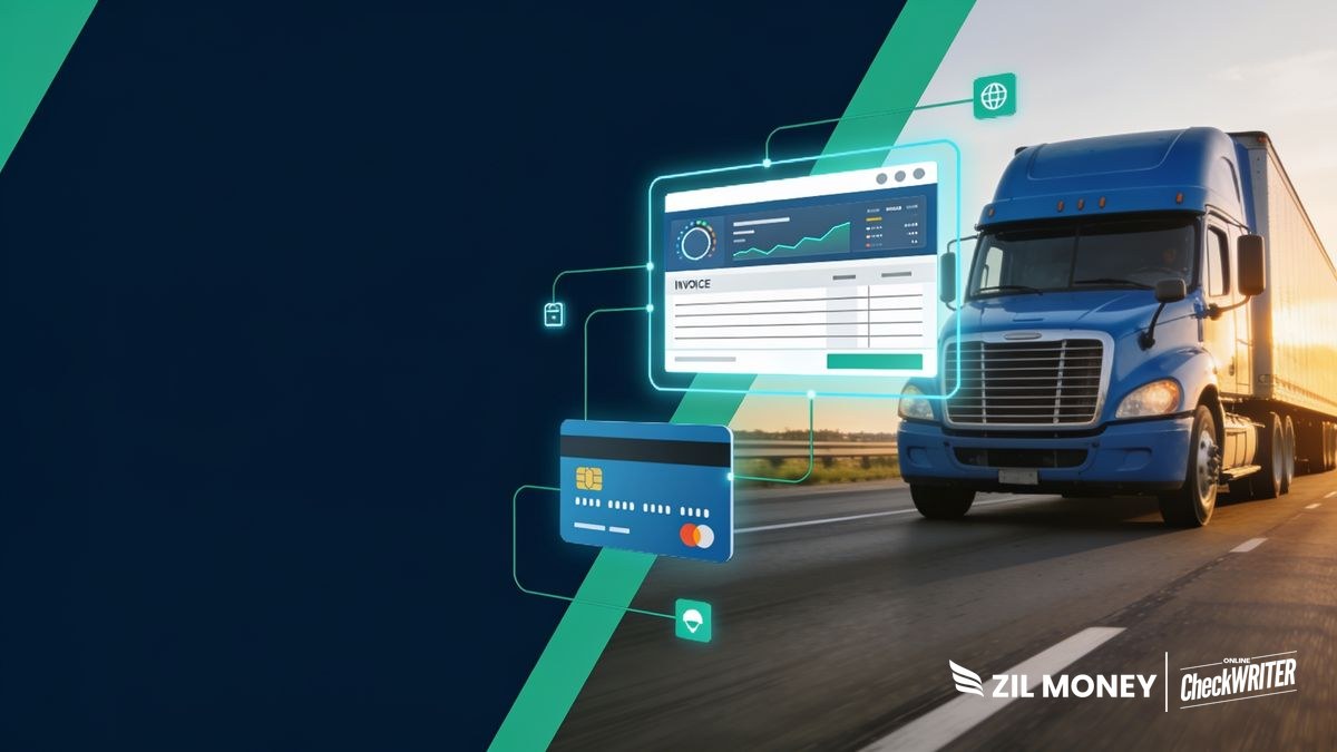zil-payment-processing-for-carriers-hero-v2 Payment processing for carriers on the Zil Money dashboard beside a freight truck