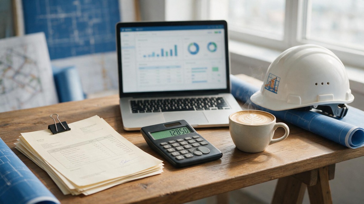 AvidXchange Alternative for Construction AP Teams in Fargo North Dakota Construction AP office desk with laptop payment dashboard, invoices, hard hat and Zil Money logo
