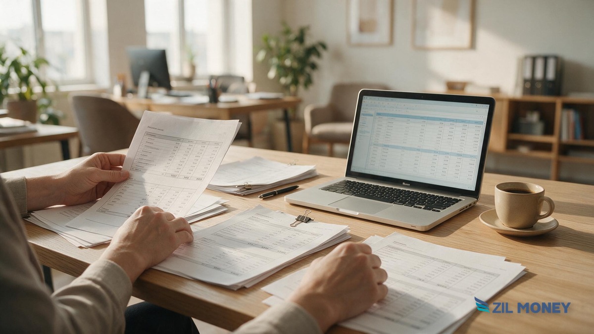 Batch Payroll Processing for Accountants – Chattanooga CPA Firm Accountant reviewing multi-client payroll documents next to a laptop with batch payment data, Zil Money branding
