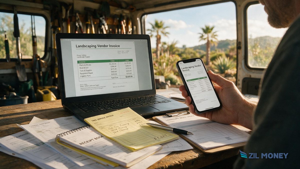 Best Way to Pay Vendors Online for a Sacramento Landscaping Business Landscaping business owner reviewing a vendor invoice on a laptop and phone to pay a supplier online