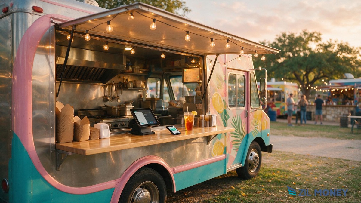 Business wallet account for an Austin food truck Colorful food truck at an outdoor Austin, Texas event with a phone showing a payment app on the counter, Zil Money logo watermark bottom right