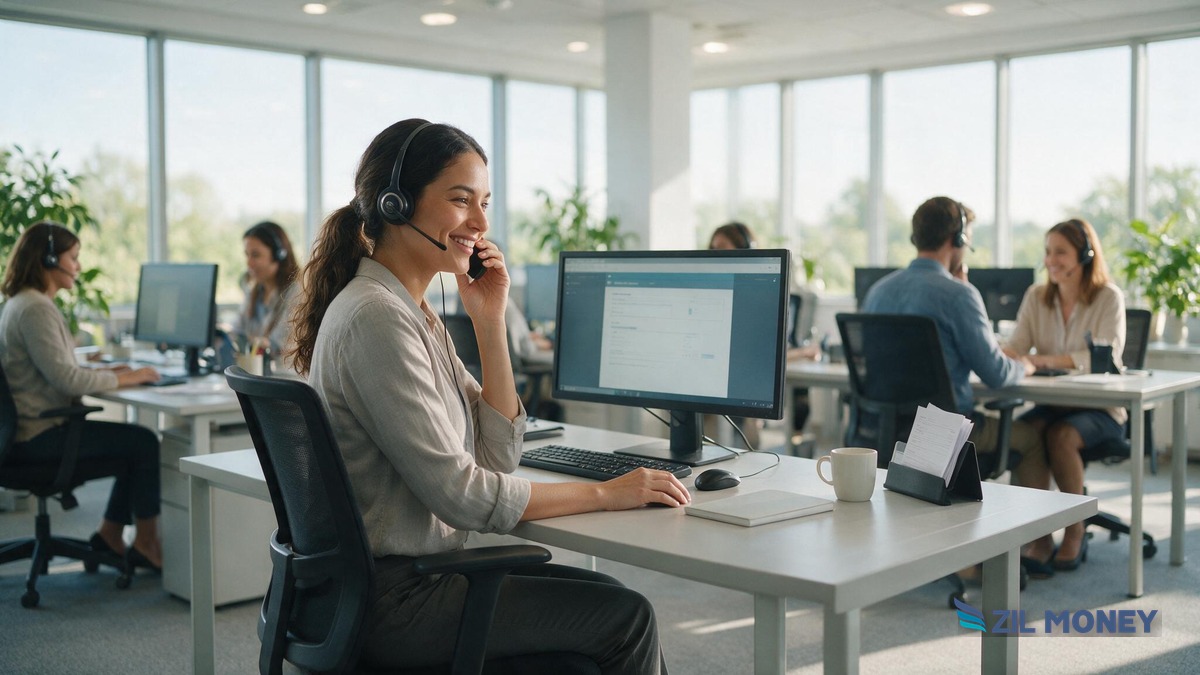 Call Center Payment Processing: Insurance Call Center Baton Rouge Louisiana Customer service agent with headset taking a call center payment at a desk, Zil Money logo bottom right