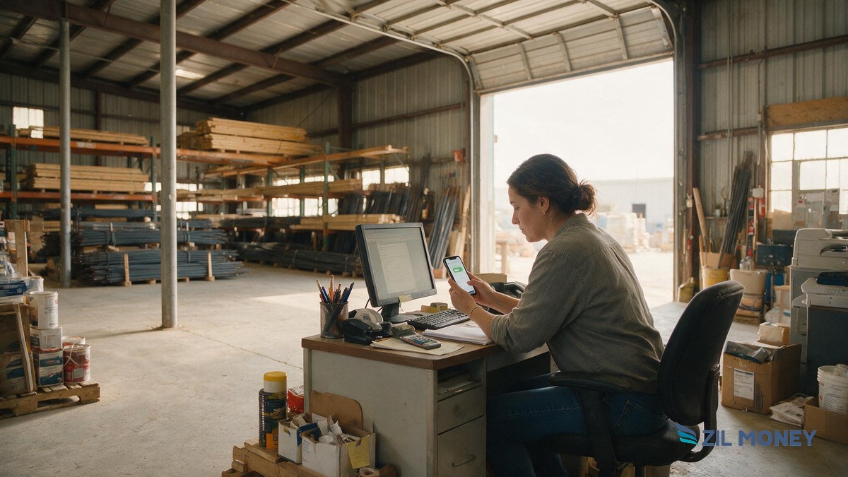 Cash an eCheck Online: Oklahoma City Building Supplier Accounts receivable clerk at an Oklahoma City building-materials supply warehouse checking an eCheck payment notification on her phone, with a computer screen and stacked lumber and rebar in the background