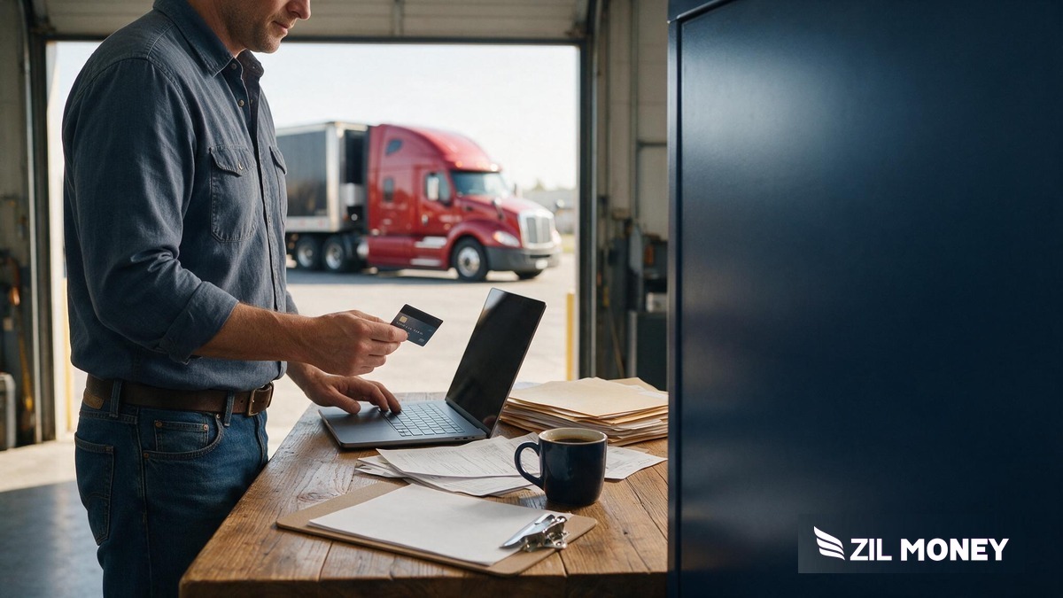 Credit Card Processing for Trucking Companies Hero Trucking company dispatcher holding a business credit card next to a laptop with a semi-truck visible through the loading dock door