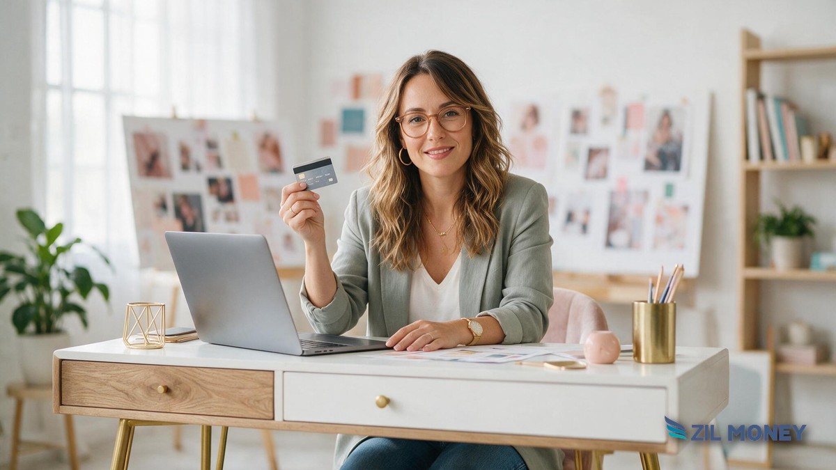 Credit Cards for Bills Providence Marketing Agency A Providence, Rhode Island marketing agency owner holding a credit card at a creative studio desk