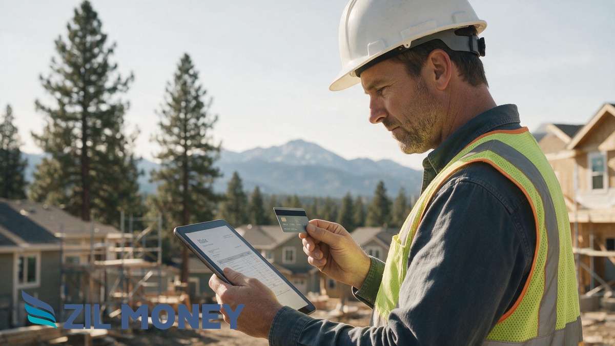 How a Construction Company in Colorado Pays Vendors by Credit Card to Protect Cash Flow – Hero A construction supervisor on a Colorado job site reviewing a vendor invoice on a tablet while holding a business credit card, with the Zil Money logo