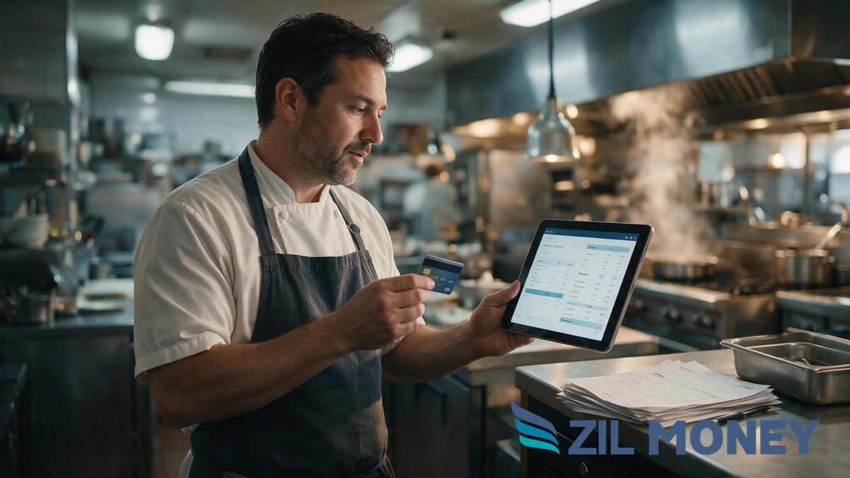 How a Las Vegas Restaurant Group Handles Vendor Bill Pay and Payroll by Card – Hero A restaurant manager in a commercial kitchen reviewing payroll and a vendor invoice on a tablet while holding a business credit card, with the Zil Money logo