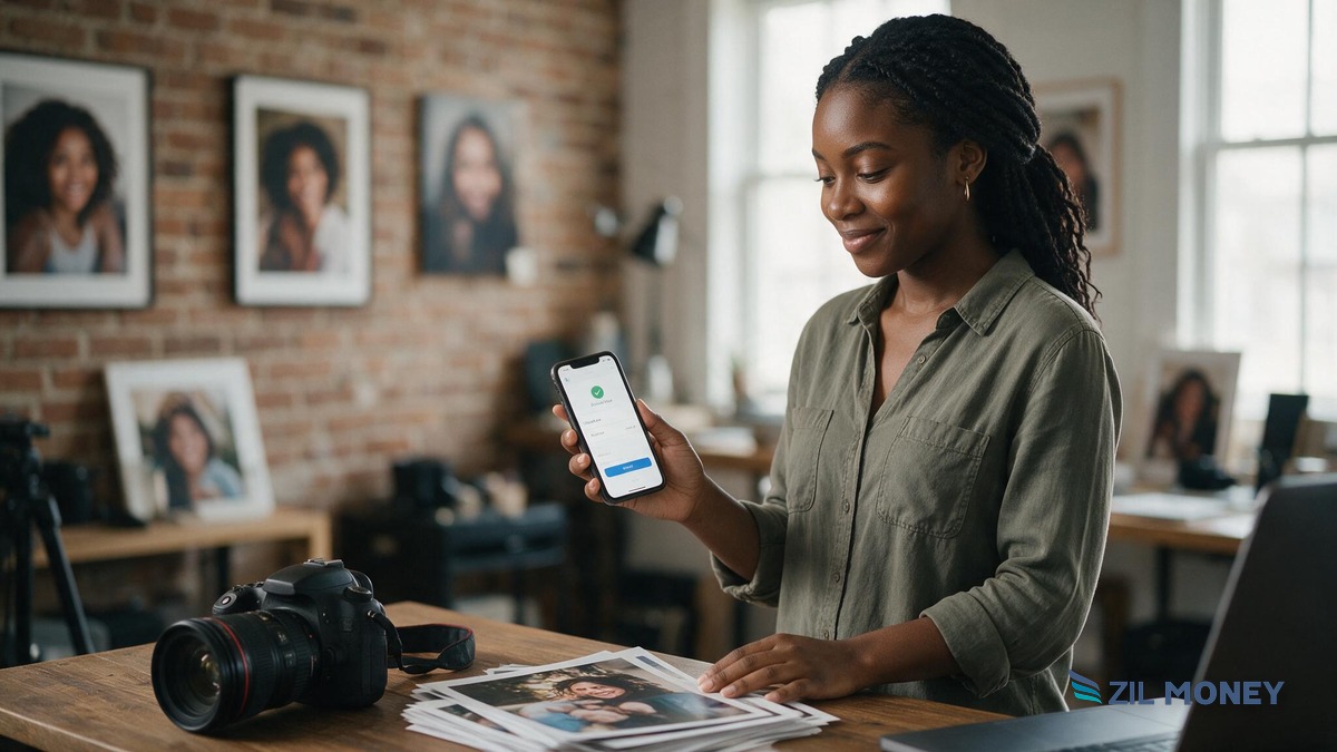 How to Get Paid With a Credit Card – Savannah Photography Studio Deposit and Invoice Workflow Savannah photography studio owner checking a credit card payment confirmation on her phone at her studio desk