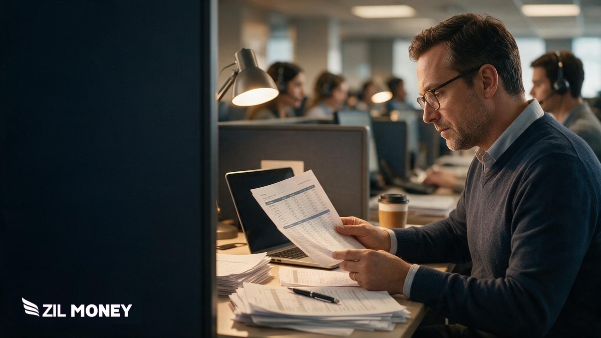 Call center operations manager reviewing a printed commission report at a desk with agent workstations in the background