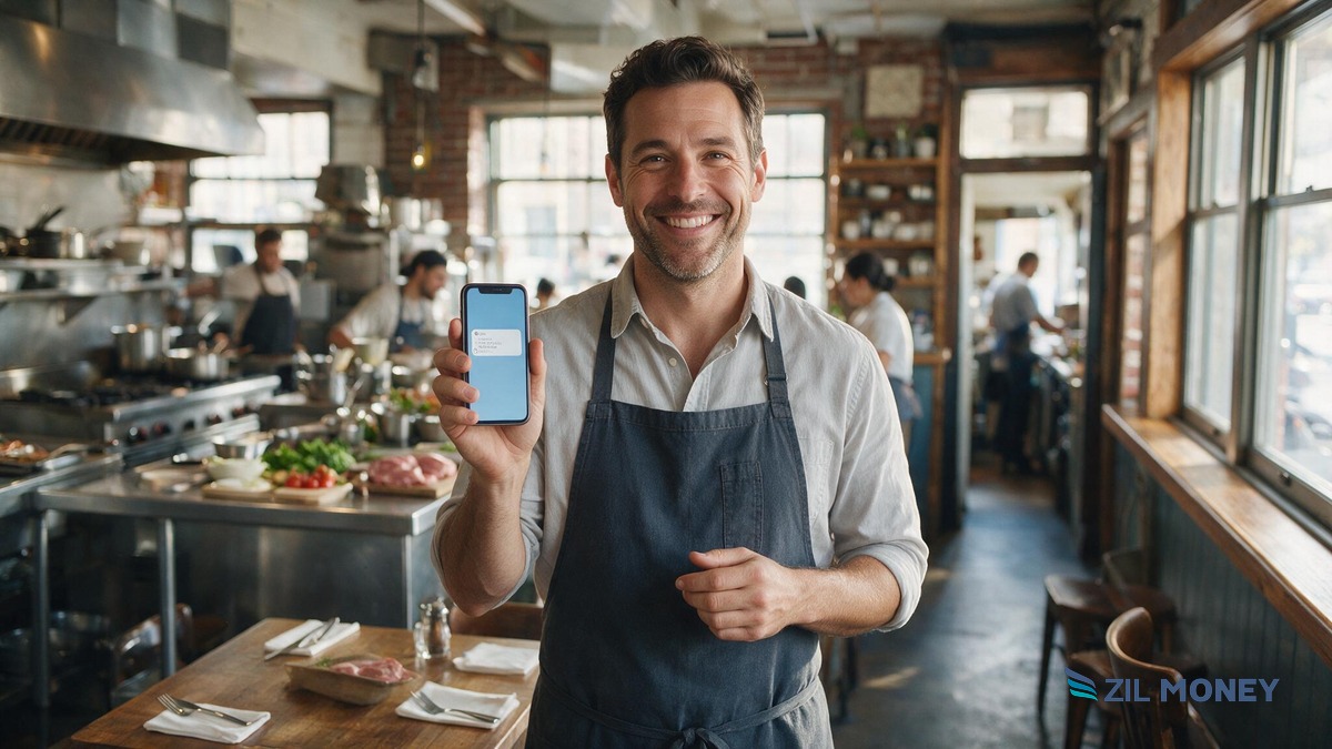 Paperless checks for restaurant payroll in Milwaukee Restaurant manager in a Milwaukee kitchen holding a phone showing a paperless payroll notification