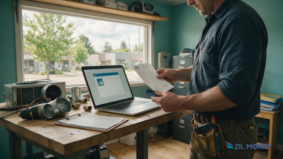 Pay Your Invoice by Credit Card – Portland HVAC Contractor HVAC technician in Portland, Oregon workshop paying a supplier invoice by credit card on a laptop, Zil Money logo bottom right