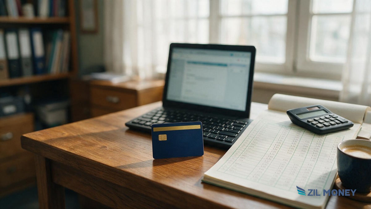 Payroll With a Credit Card for Points: The Real Math for a Jackson, MS Bookkeeping Firm Blank business credit card beside a laptop and payroll ledger on a wooden desk, Zil Money logo bottom right