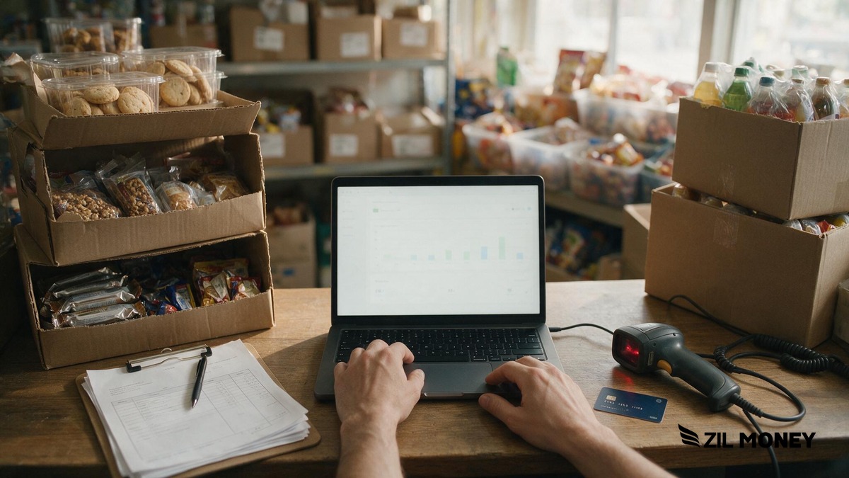 Retail Money Payments for a Boise Convenience Store Chain Convenience store owner reviewing distributor invoices and payment dashboard on a laptop, Zil Money logo bottom right