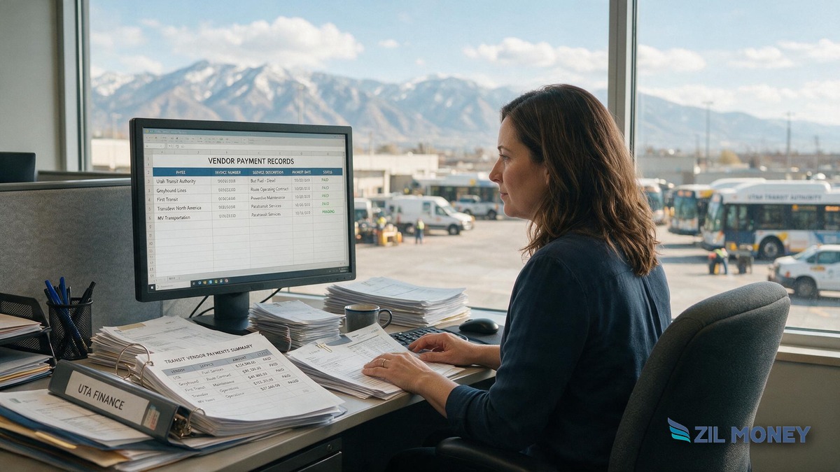 Salt Lake City transit agency finance manager reviewing vendor payments A Salt Lake City transit agency finance manager reviewing vendor payment records with buses visible through the window