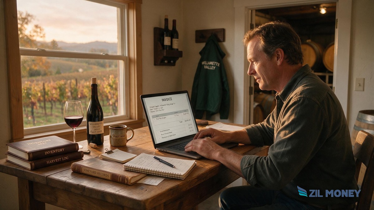 Willamette Valley winery owner reviewing supplier invoices A Willamette Valley Oregon winery owner reviewing a supplier invoice on a laptop with wine barrels in the background