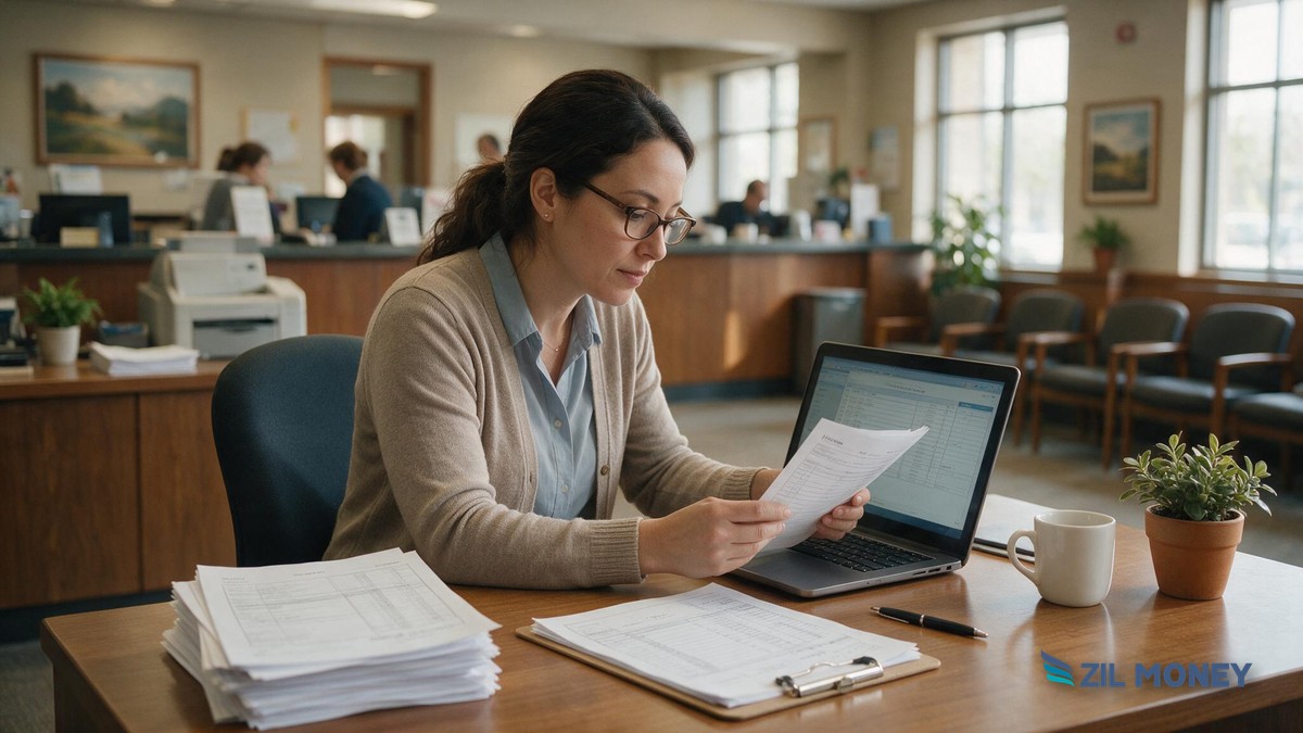 payroll-platform-for-banks-wisconsin-hero A Wisconsin community bank back-office employee reviewing payroll documents on a laptop