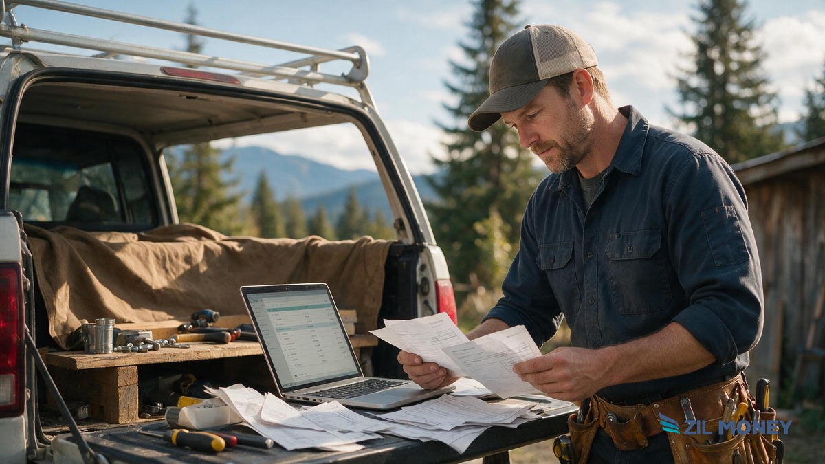 ach-vendor-payments-hvac-spokane-hero HVAC and plumbing contractor reviewing vendor invoices and ACH payment dashboard next to a service truck near Spokane, Washington