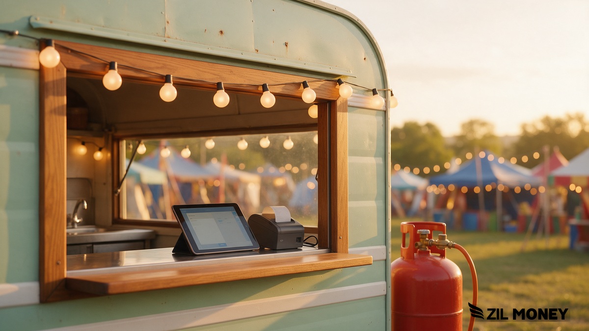credit-card-vendor-payments-grand-rapids-food-truck-hero A food truck service window at a festival with a payments tablet and receipt printer on the counter and a propane tank beside the truck, string lights and tents in the background