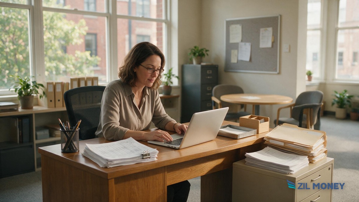 payroll-credit-card-staffing-agency-wichita-hero Staffing agency office manager reviewing weekly payroll paperwork and a laptop at a desk in Wichita, Kansas
